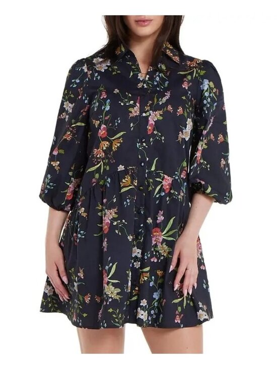Hermoza Dresses & Skirts - NWT Hermoza Katie Mini Shirt Dress Black Meadow Floral Tiered Cotton Size L
